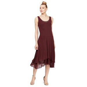 NWT SLNY Fig/Burgundy Bejeweled Scoop Neck Chiffon Dress 10